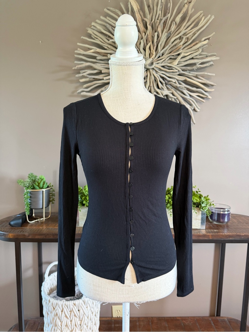 Sugar Moon Long Sleeve Black Button Down Ribbed Tee